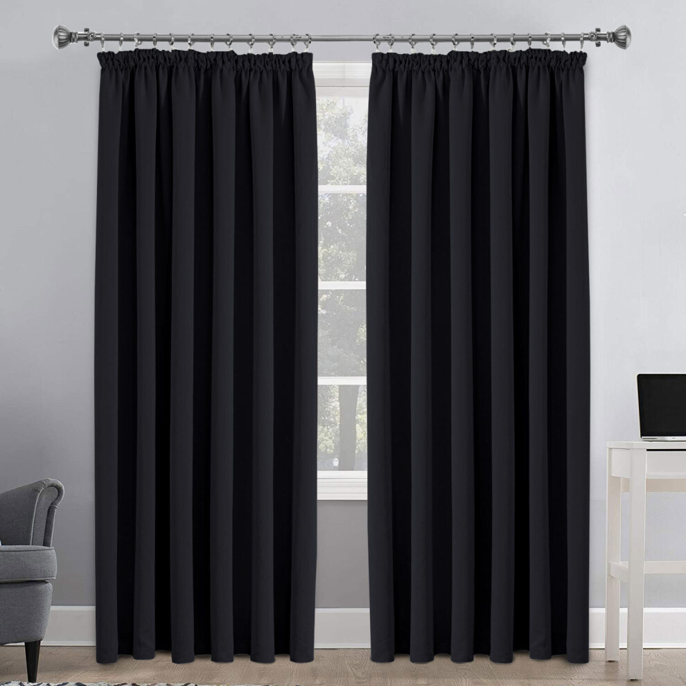 (Black, 46"X54") Thermal Blackout Curtains Pencil Pleat Curtain Ready Made Window Panel & Tieback