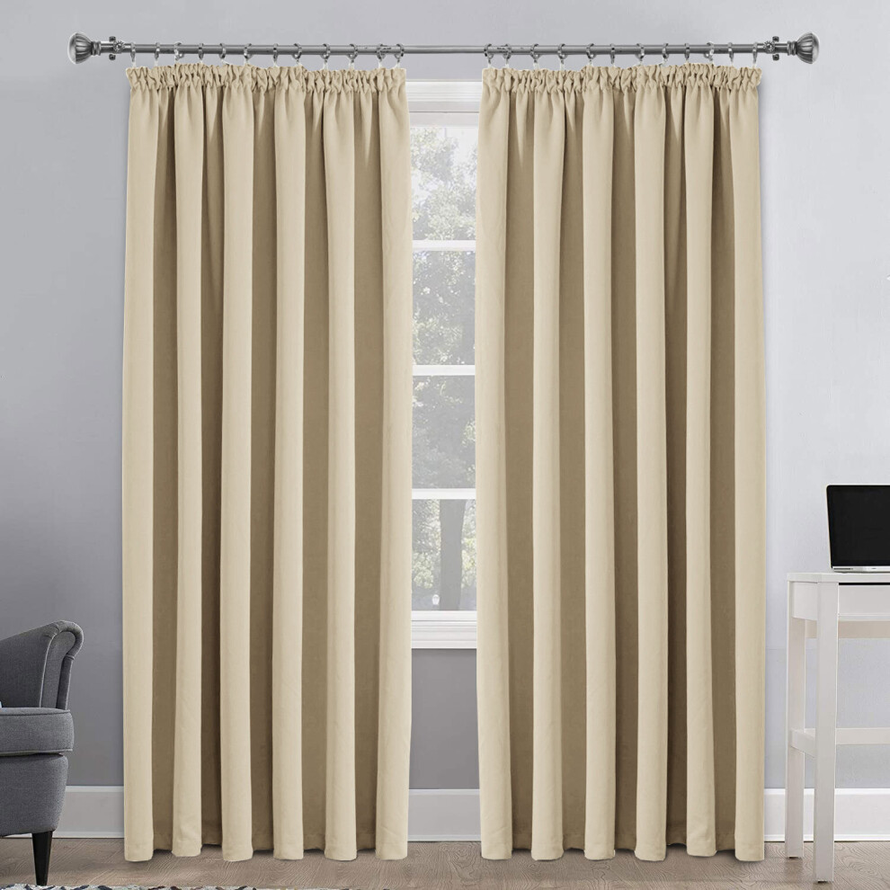 (Cream, 66"X72") Thermal Blackout Curtains Pencil Pleat Curtain Ready Made Window Panel & Tieback