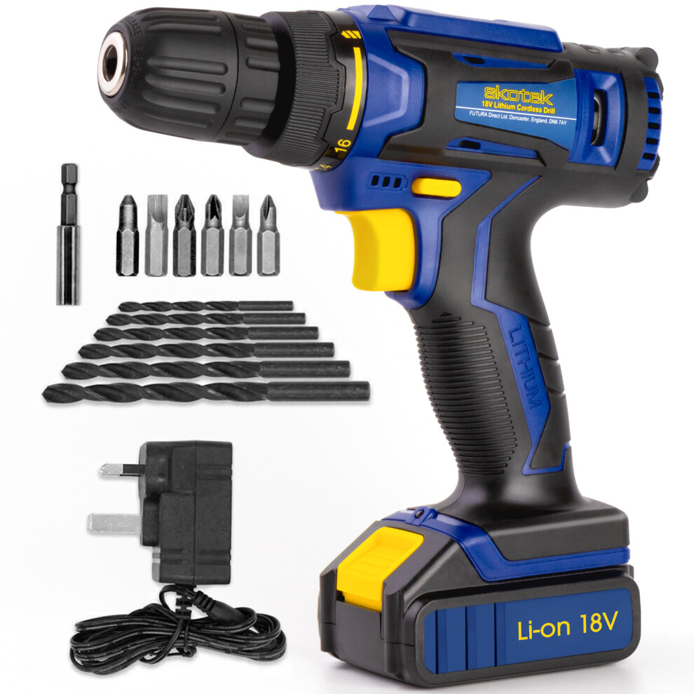 Skotek 18V Cordless Drill Electric Screwdriver Power Drill Set Complete with Battery, Charger & 13pc Kit
