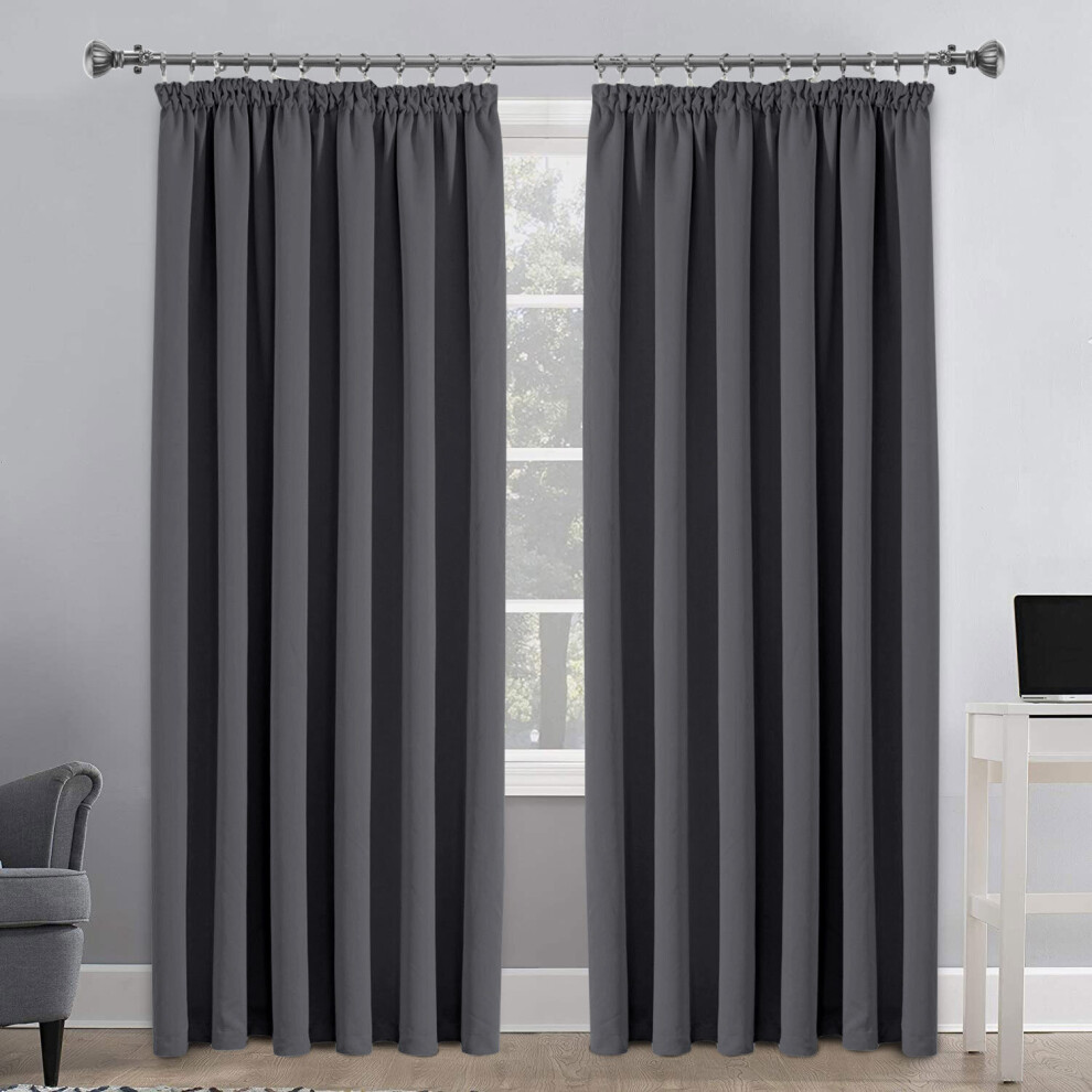 (Grey, 66"X54") Thermal Blackout Curtains Pencil Pleat Curtain Ready Made Window Panel & Tieback