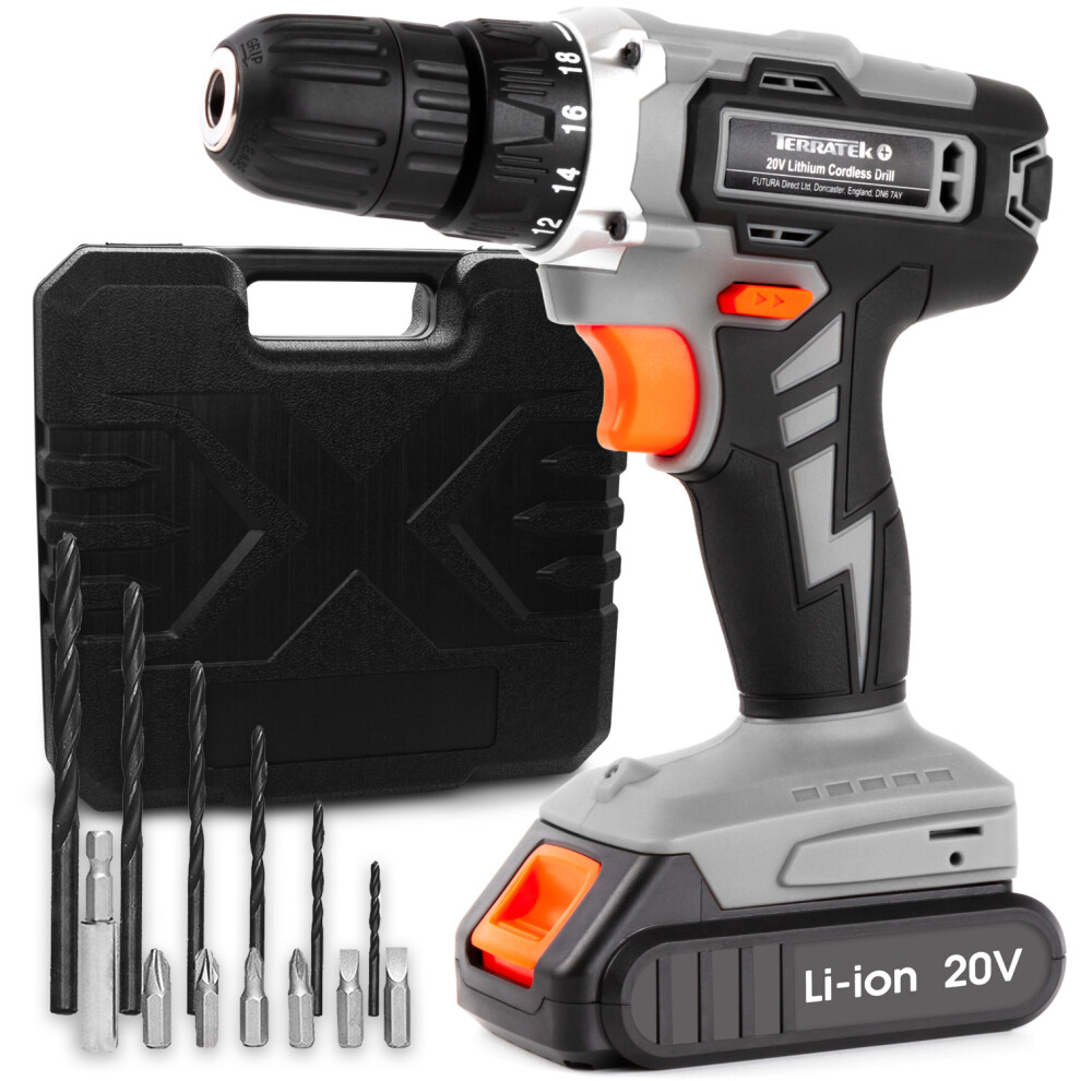 Terratek 20V Cordless Drill & Drill Bit Set 20V 1 Hr Fast Charge Battery & Charger Included & Carry Storage Case