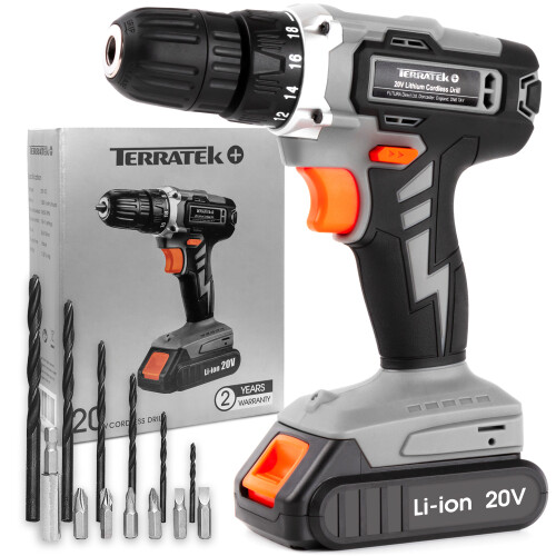 Terratek 20V Cordless Drill & Drill Bit Set 20V 1 Hr Fast Charge Battery & Charger Included