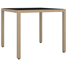 vidaXL Garden Table with Glass Top Beige Poly Rattan and Tempered Glass Table