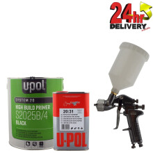 U-Pol S2025+S2031 5 Litre BLACK Primer Extra Fast Hardener +Duren 1.8mm Spraygun