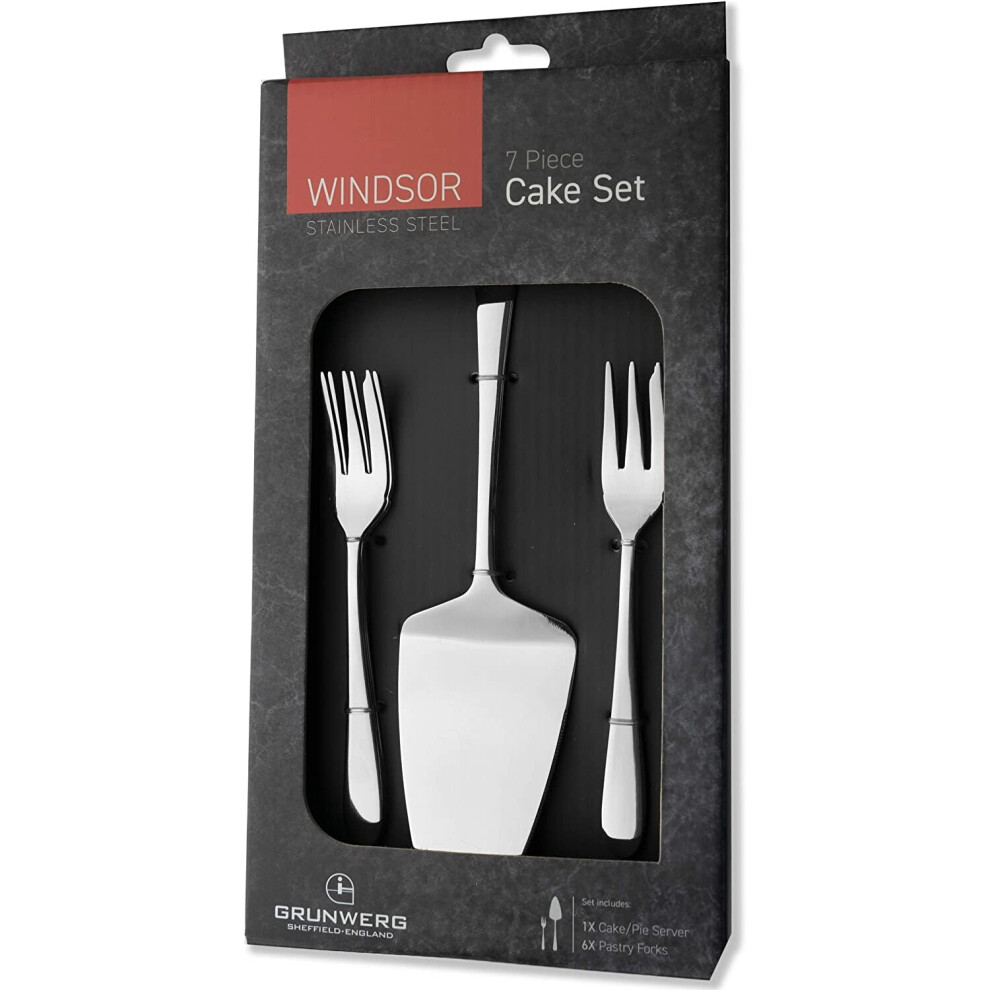 Grunwerg Stainless Steel Windsor 7 Piece Pie Cake Slice & Forks Set, Silver, Standard UK Cutlery Sizes