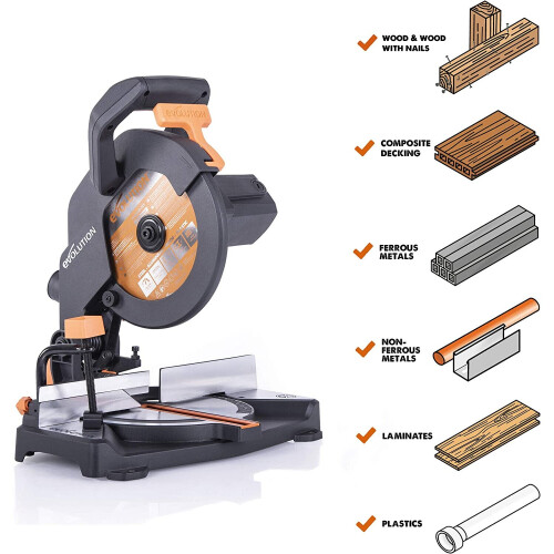 Evolution Power Tools R210CMS Compound Mitre Saw With Multi-Material Cutting, 45 Bevel, 45 Mitre, 1200W, (230 V) 1