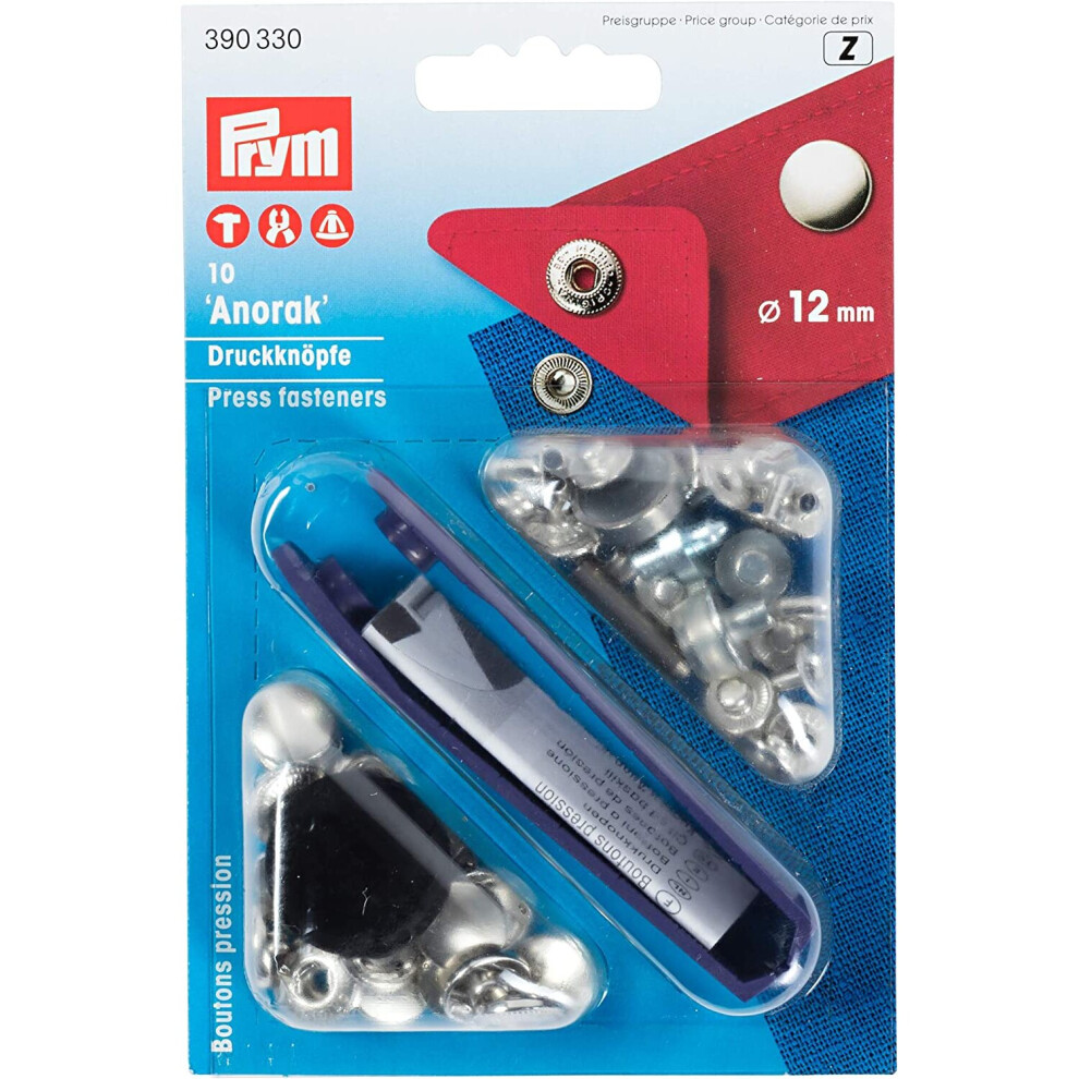 Prym 12 mm Anorak Non-Sew Fasteners, Pack of 10, Silver