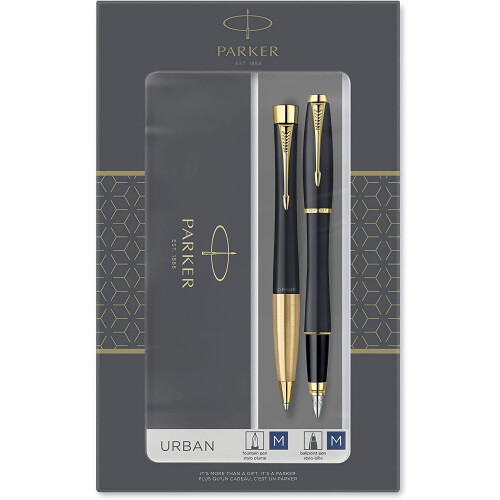 Parker Parker Urban Duo Gift Set with Ballpoint Pen & Fountain Pen, Muted Black with Gold Trim, Blue Ink Refill & Cartridge, Gift Box