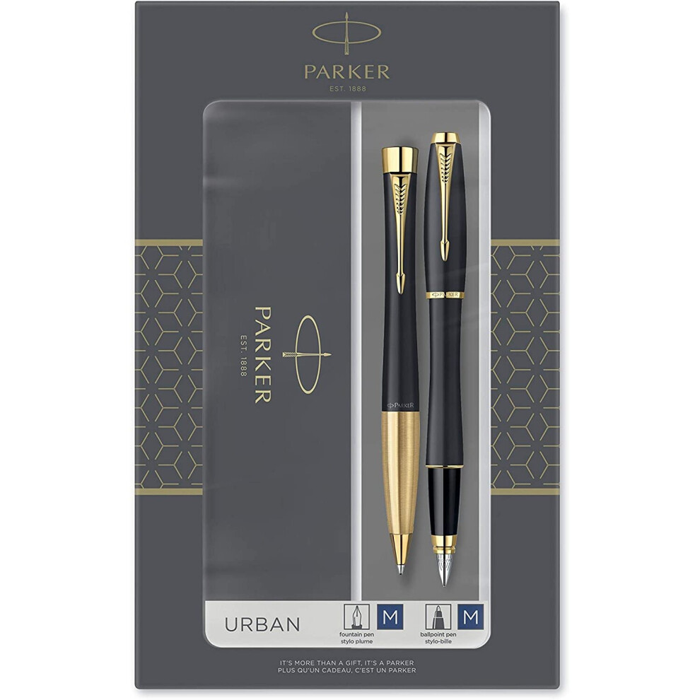 Parker Urban Duo Gift Set with Ballpoint Pen & Fountain Pen, Muted Black with Gold Trim, Blue Ink Refill & Cartridge, Gift Box