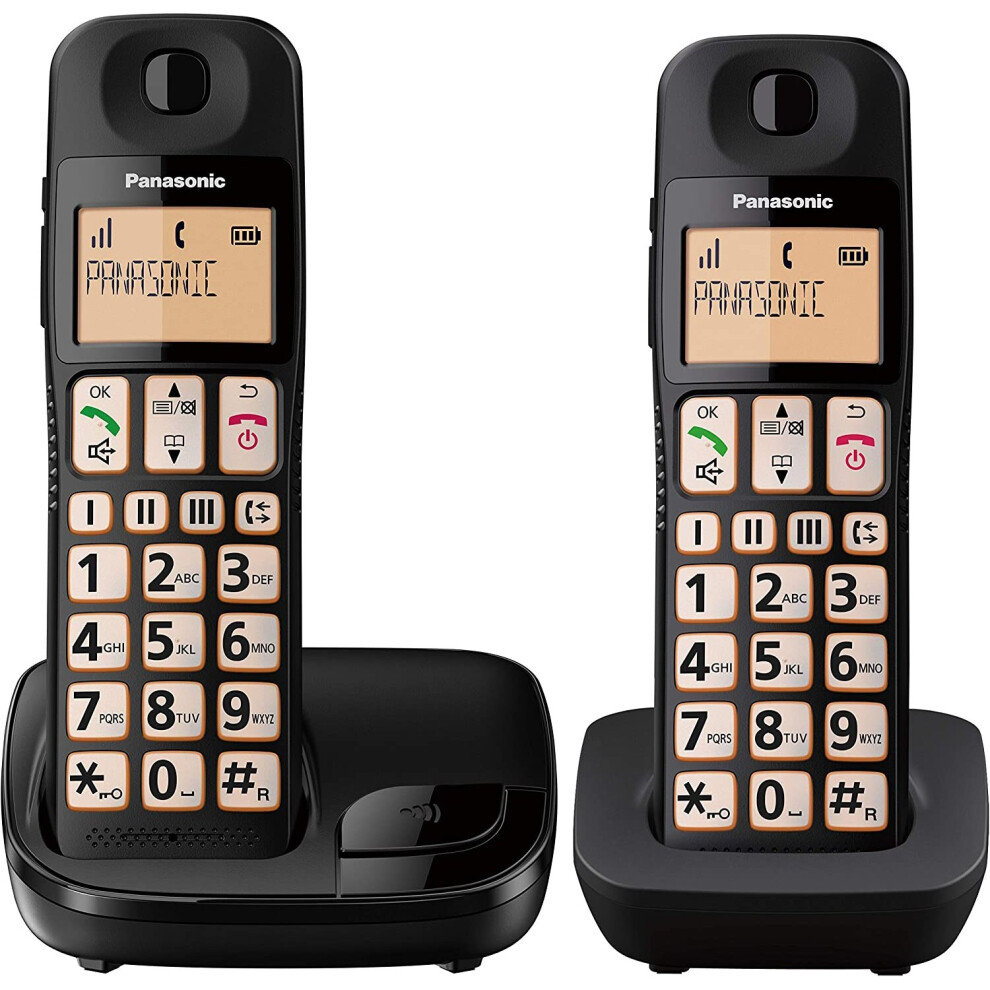 Panasonic KX-TGE112E Big Button Twin DECT Cordless Telephone With Nuisance Call Blocker & LCD Display (Twin Handset Pack) - Black