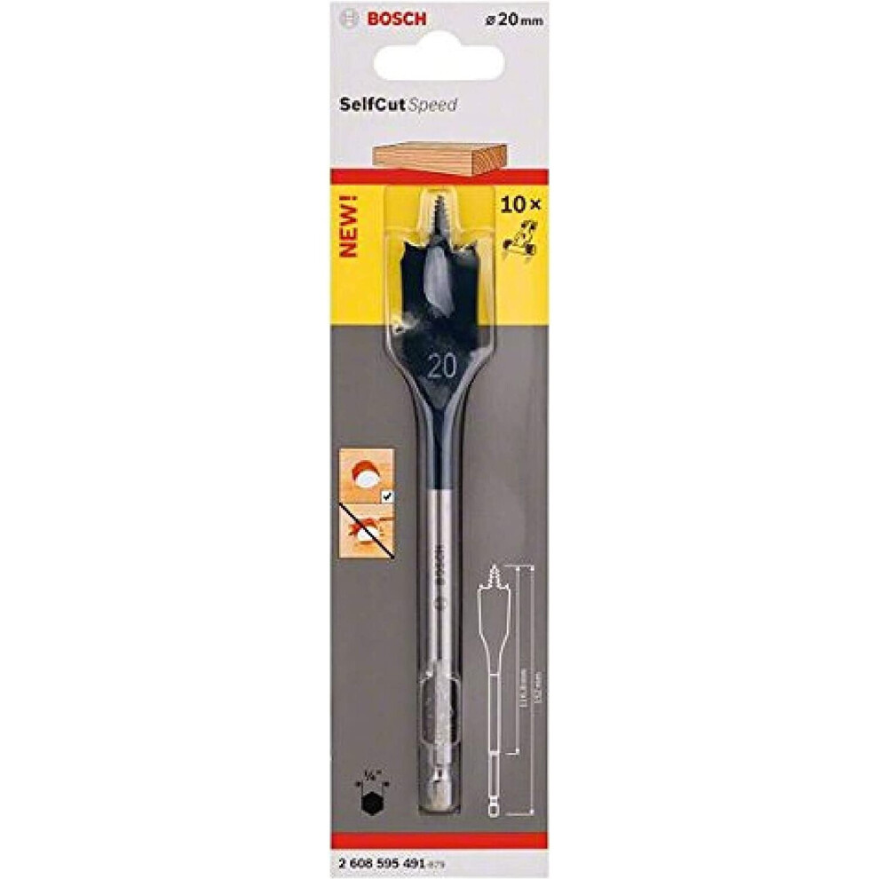 Bosch 2608595491 Selfcut Speed Flat Drill Bit, Hex Shank, 20mm x 152mm, Blue