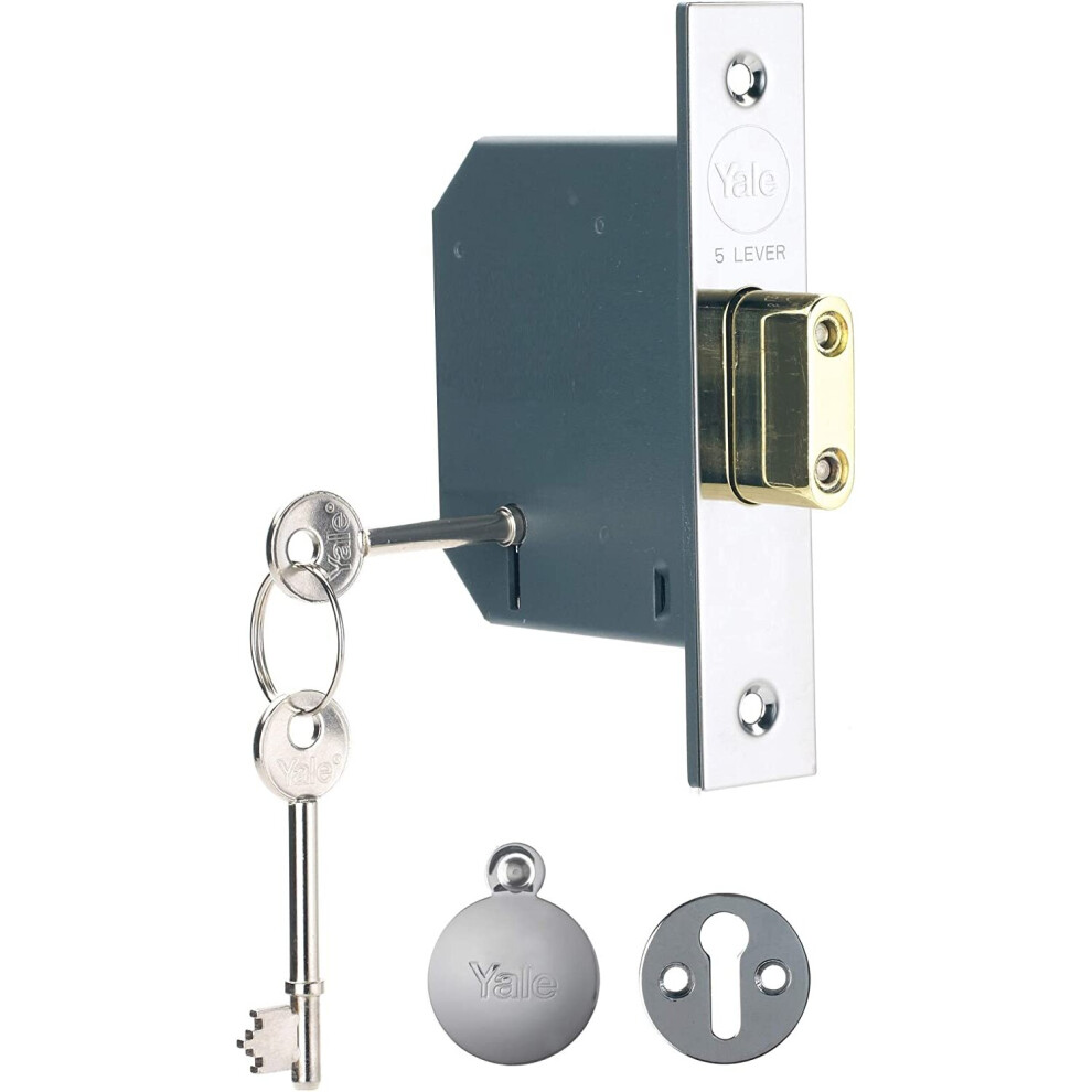 Yale B-M552-Ch-65 5 Lever Mortice Deadlock, Boxed, Suitable For External Doors, Polished Chrome, 2.5 Inch/64 Mm