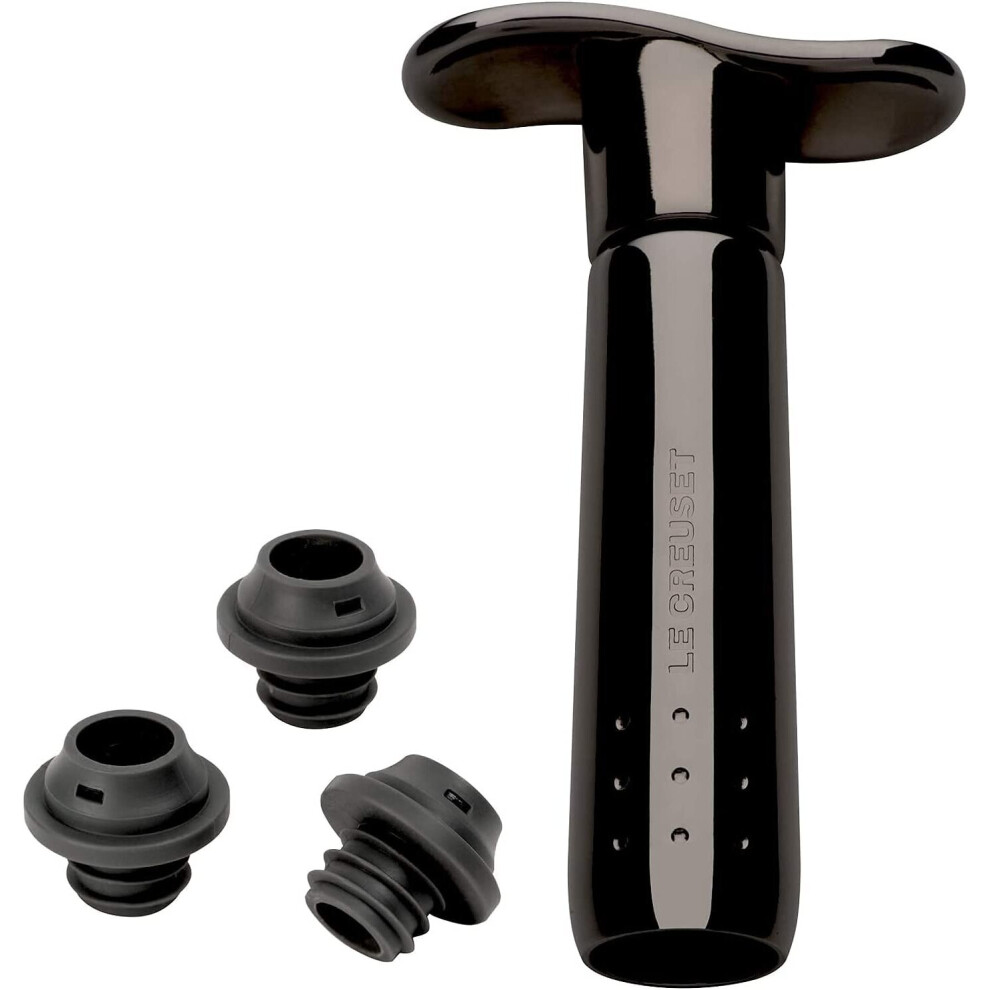 Le Creuset Wine Accessories Metal Wine Pump and 3 Stoppers, Black Nickel