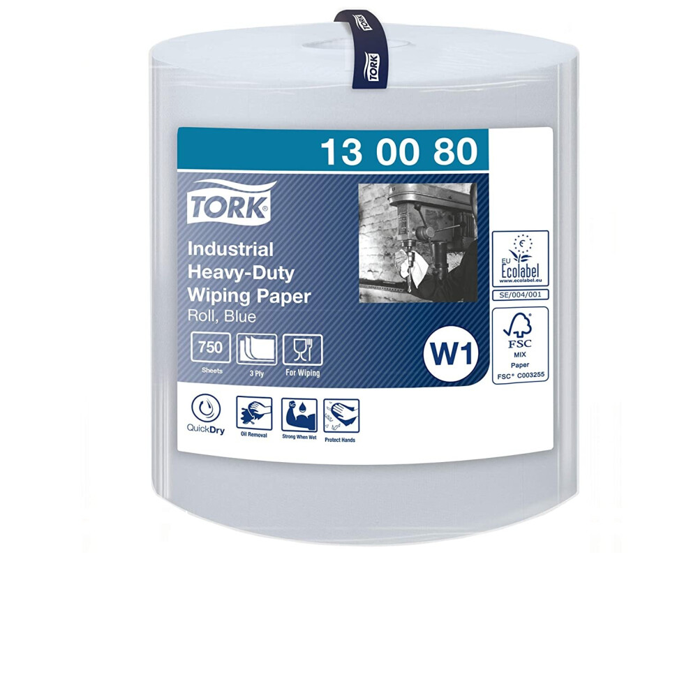 Tork 130080 Industrial Heavy-Duty Wiping Paper / 3 Ply Absorbent QuickDry Paper Roll Suitable for Tork W1 Wipers System / Blue / 1 x 255m / Ã 39cm