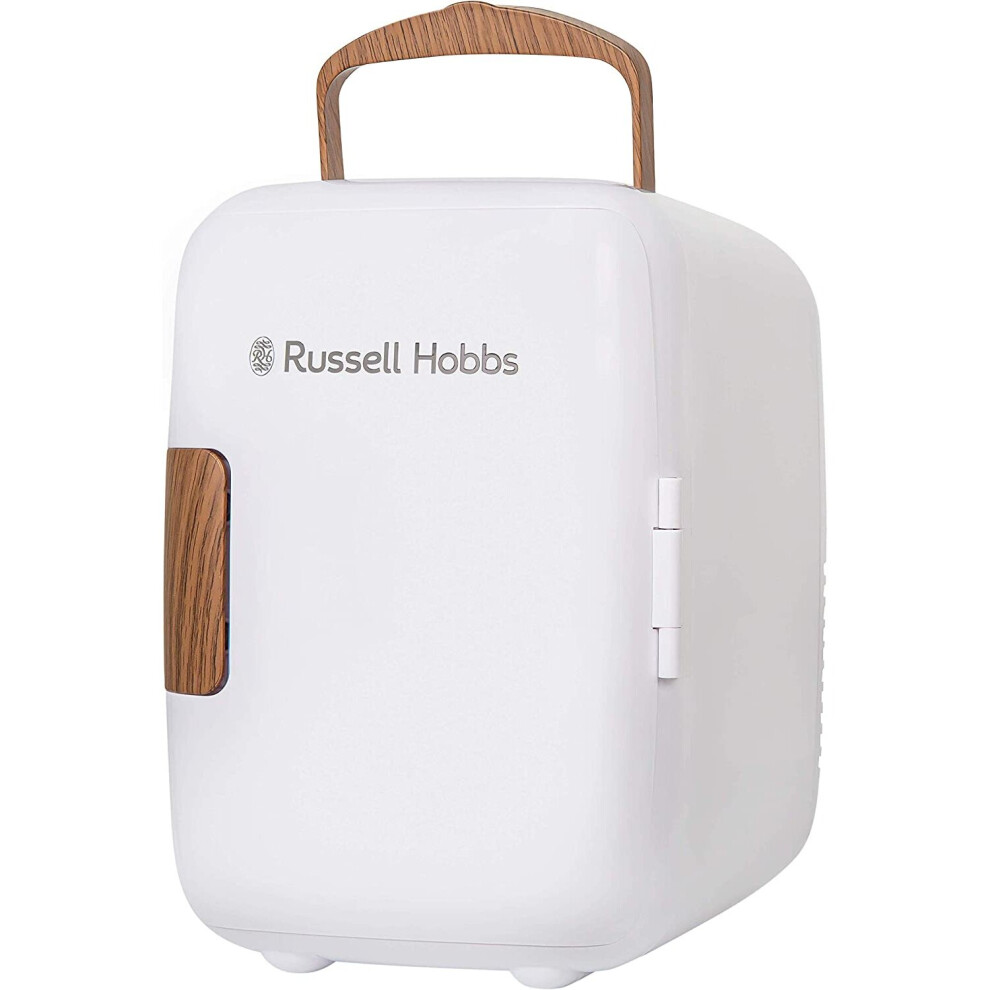 Russell Hobbs RH4CLR1001SCW 4L/6 Can Mini Portable Cooler & Warmer for Drinks, Cosmetics/Makeup/Skincare, AC/DC Power, Scandi Style, White & Wood