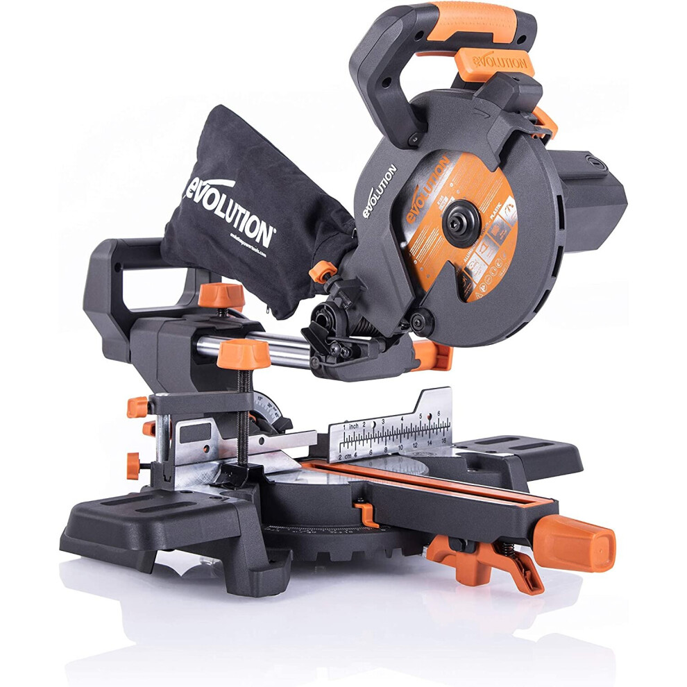 Evolution Power Tools R185sms+ Compound Saw With Multi-Material Cutting, 45 Degree Bevel, 50 Degree Mitre, 210 Mm Slide, 1200 W, 210 Mm, 230 V, 849713081445