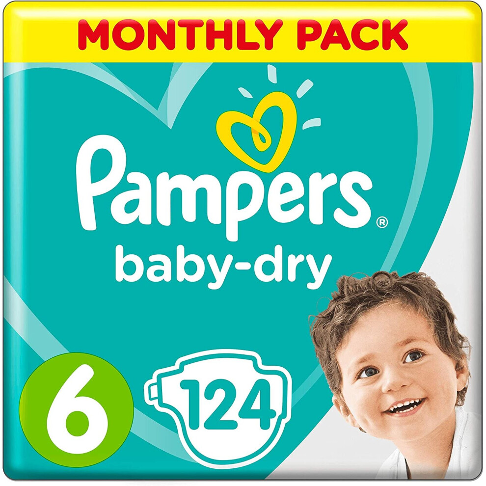 Pampers Size 6 Baby-Dry Nappies, 124 Count, MONTHLY SAVINGS PACK, Air Channels for Breathable Dryness Overnight (13-18 kg / 29-40 lbs)