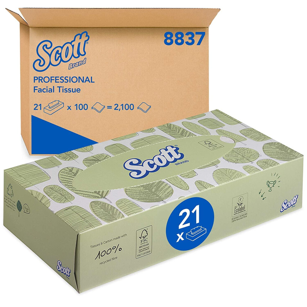 Scott, 8837, Facial Tissues , 2 Ply, White, 21 Boxes X 100 Sheets