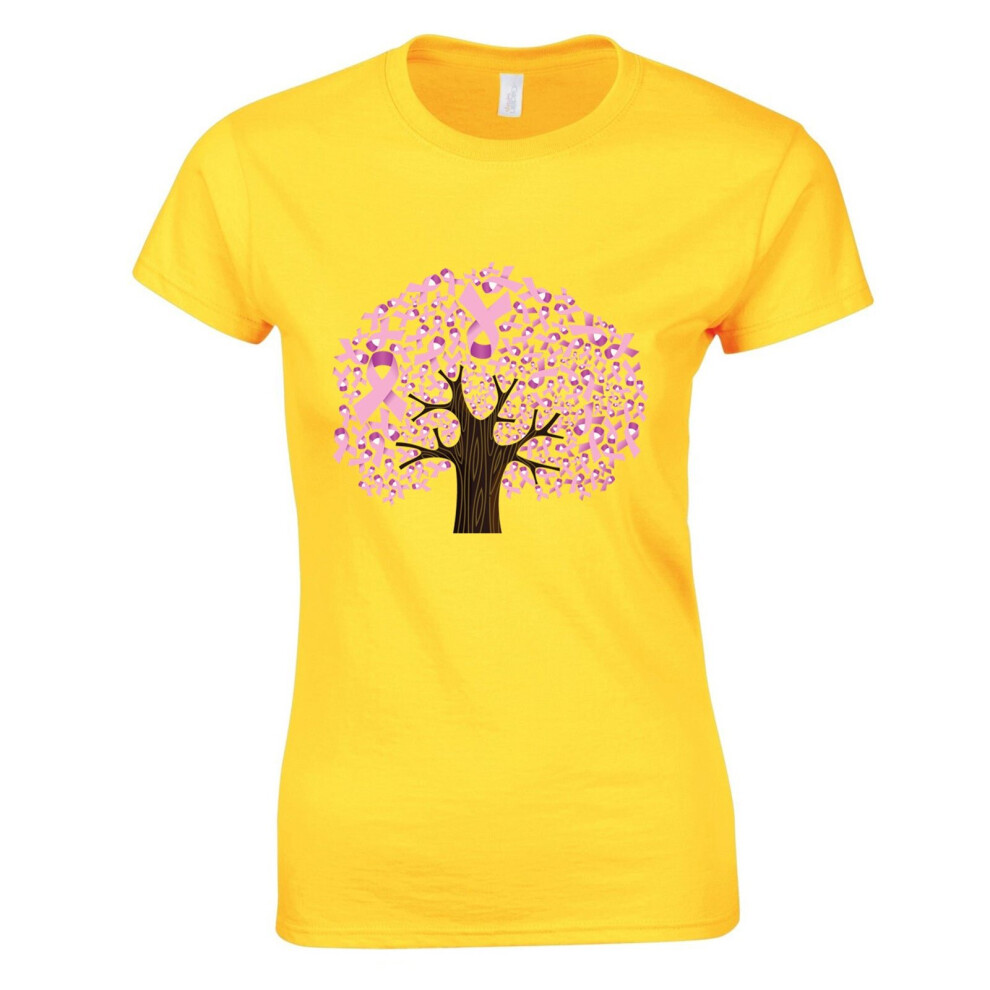 (Yellow, 2XL) Breast Cancer Tree Support Awareness Pink Ribbon Ladies Women T Shirt Tee Top