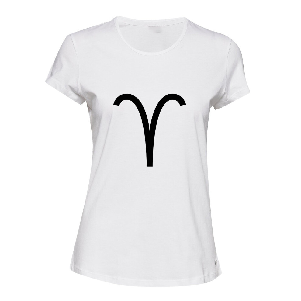 (White, L) Aries Zodiac Horoscope Astrological Symbol Sign Ladies Women T Shirt Tee Top