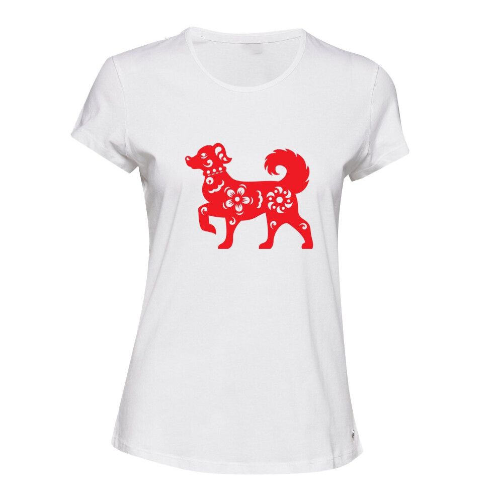 (White, 2XL) Chinese Red Silhouette Fortune Wealth Bitch Dog Ladies Women T Shirt Tee Top