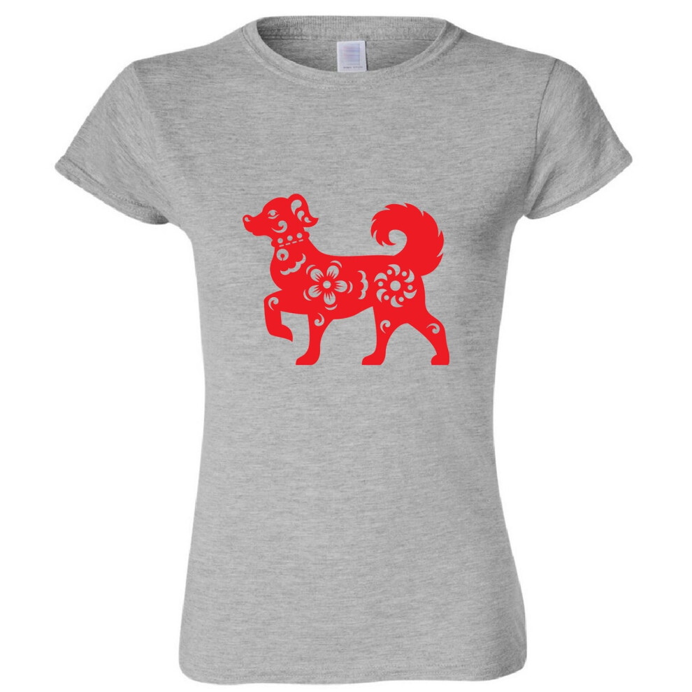 (Sport Grey, 2XL) Chinese Red Silhouette Fortune Wealth Bitch Dog Ladies Women T Shirt Tee Top