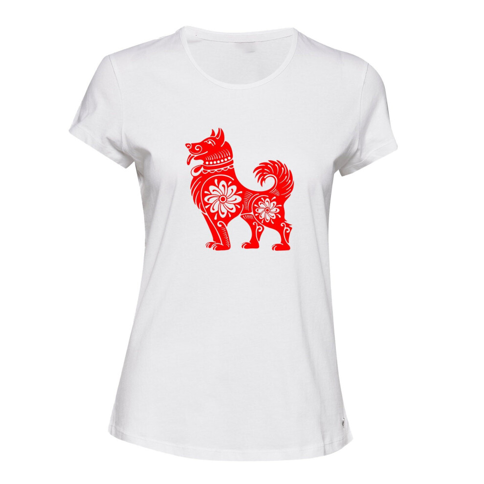 (White, L) Chinese Red Silhouette Lucky Fortune Wealth Dog Ladies Women T Shirt Tee Top