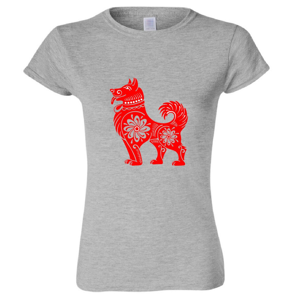 (Sport Grey, L) Chinese Red Silhouette Lucky Fortune Wealth Dog Ladies Women T Shirt Tee Top