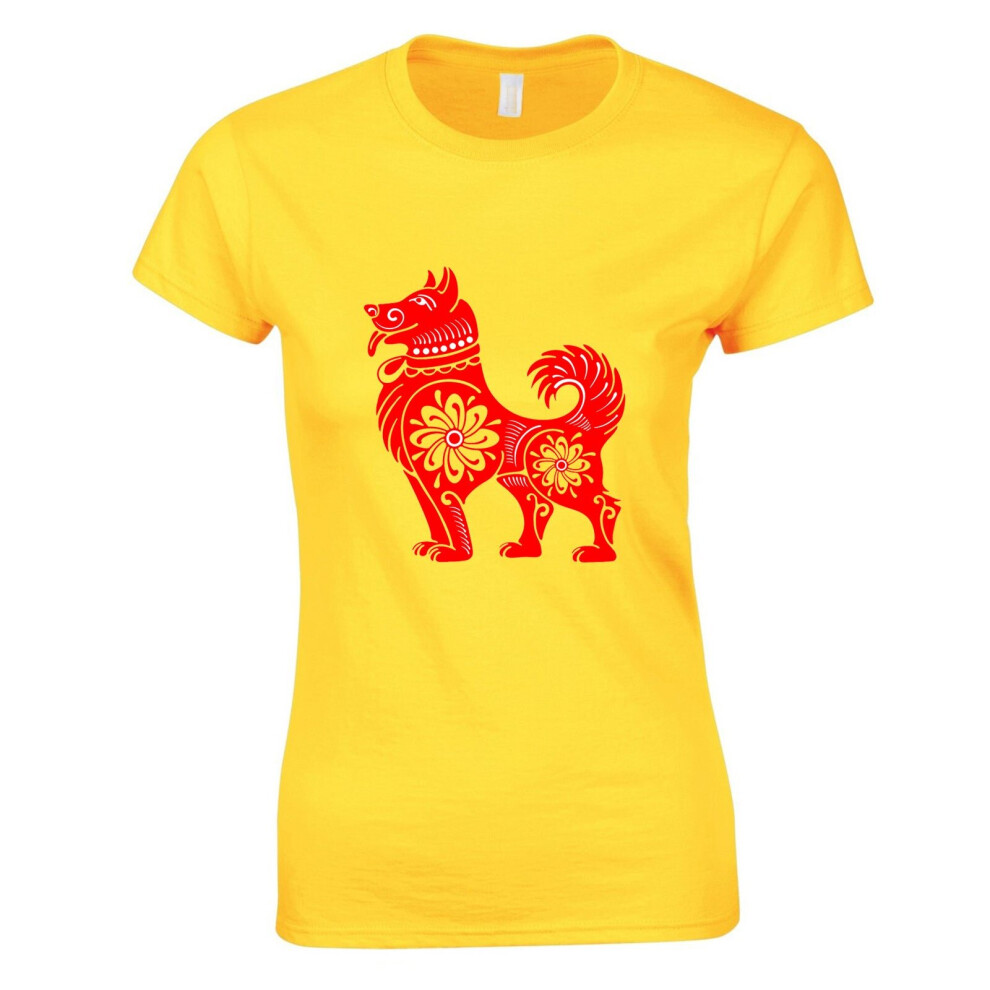 (Yellow, L) Chinese Red Silhouette Lucky Fortune Wealth Dog Ladies Women T Shirt Tee Top