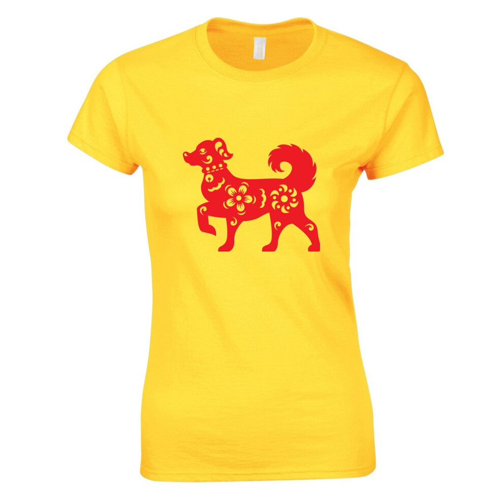 (Yellow, 2XL) Chinese Red Silhouette Fortune Wealth Bitch Dog Ladies Women T Shirt Tee Top