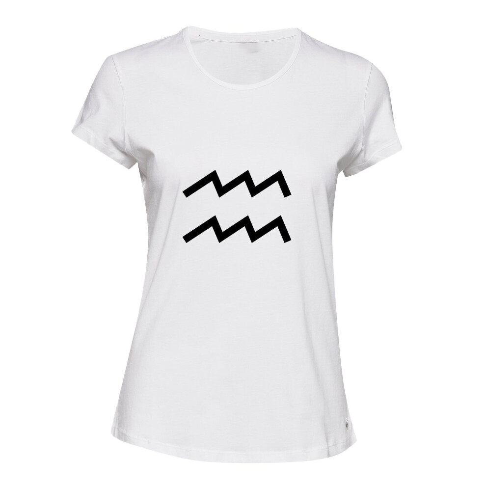 (White, S) Aquarius Zodiac Horoscope Astrological Symbol Sign Ladies Women T Shirt Tee Top