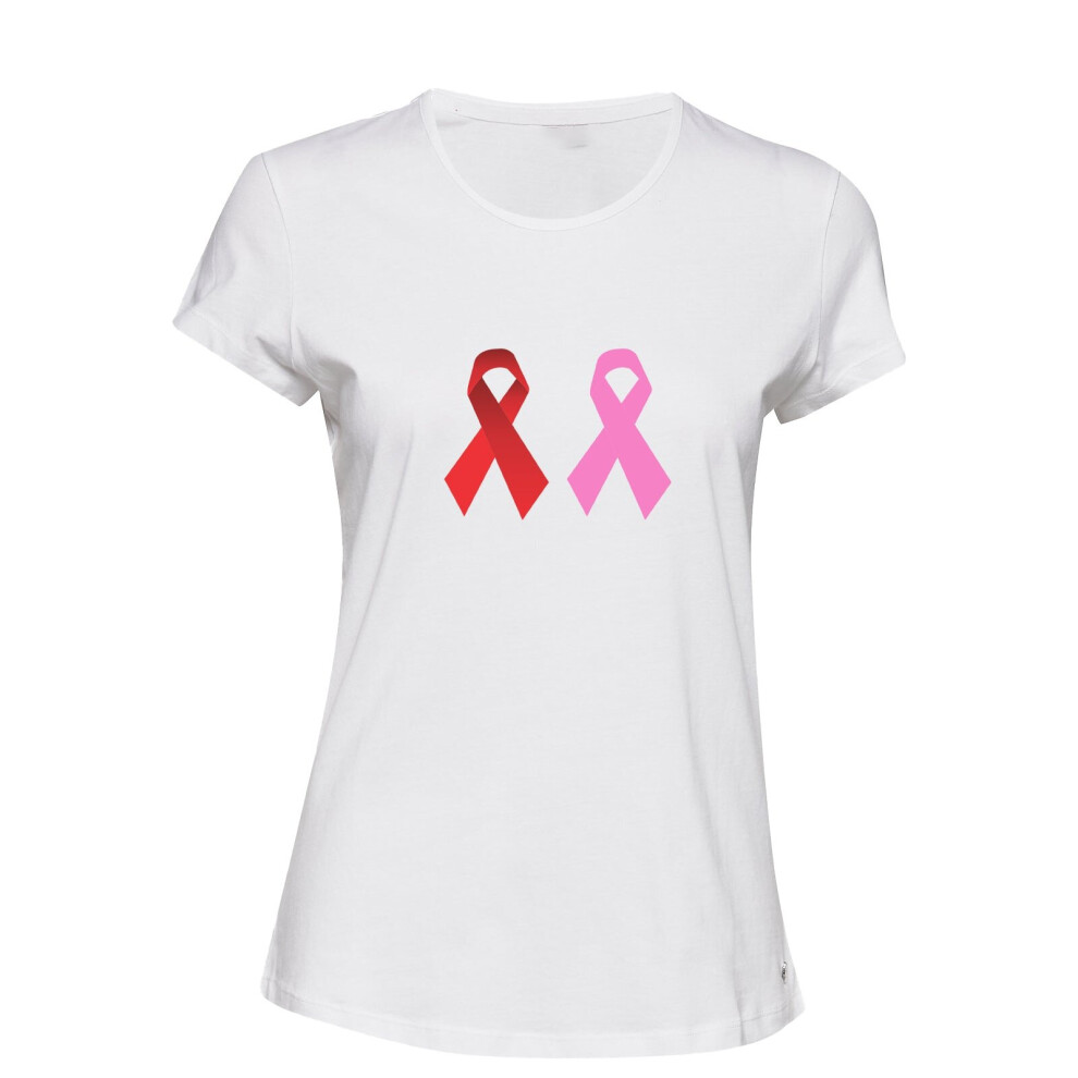 (White, 2XL) Breast Cancer HIV/AIDS Awareness Red Pink Ribbon Ladies Women T Shirt Tee Top