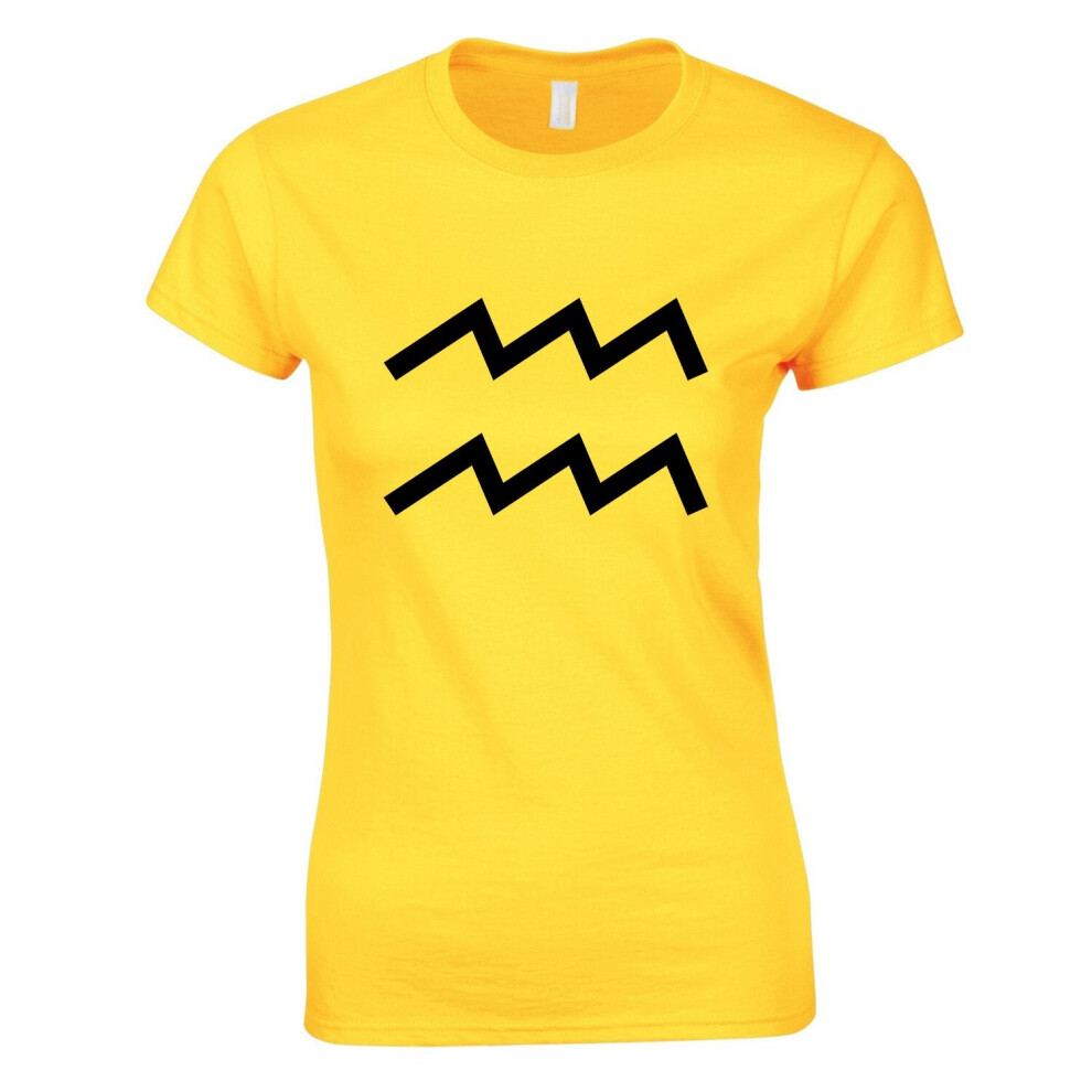 (Yellow, S) Aquarius Zodiac Horoscope Astrological Symbol Sign Ladies Women T Shirt Tee Top