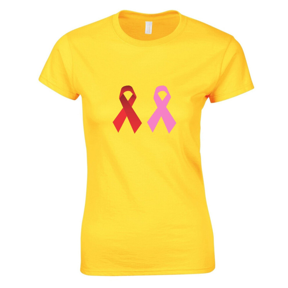 (Yellow, 2XL) Breast Cancer HIV/AIDS Awareness Red Pink Ribbon Ladies Women T Shirt Tee Top