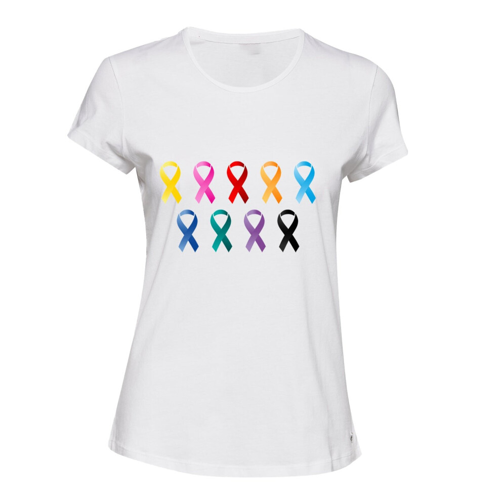 (White, S) Cancer HIV AIDS Support Awareness Ribbon Symbol Ladies Women T Shirt Tee Top