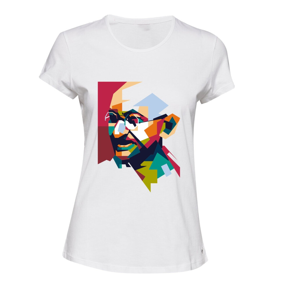 (2XL) Mahatma Gandhi Hindi Indian Hero Colourful White Ladies Women T Shirt Tee Top