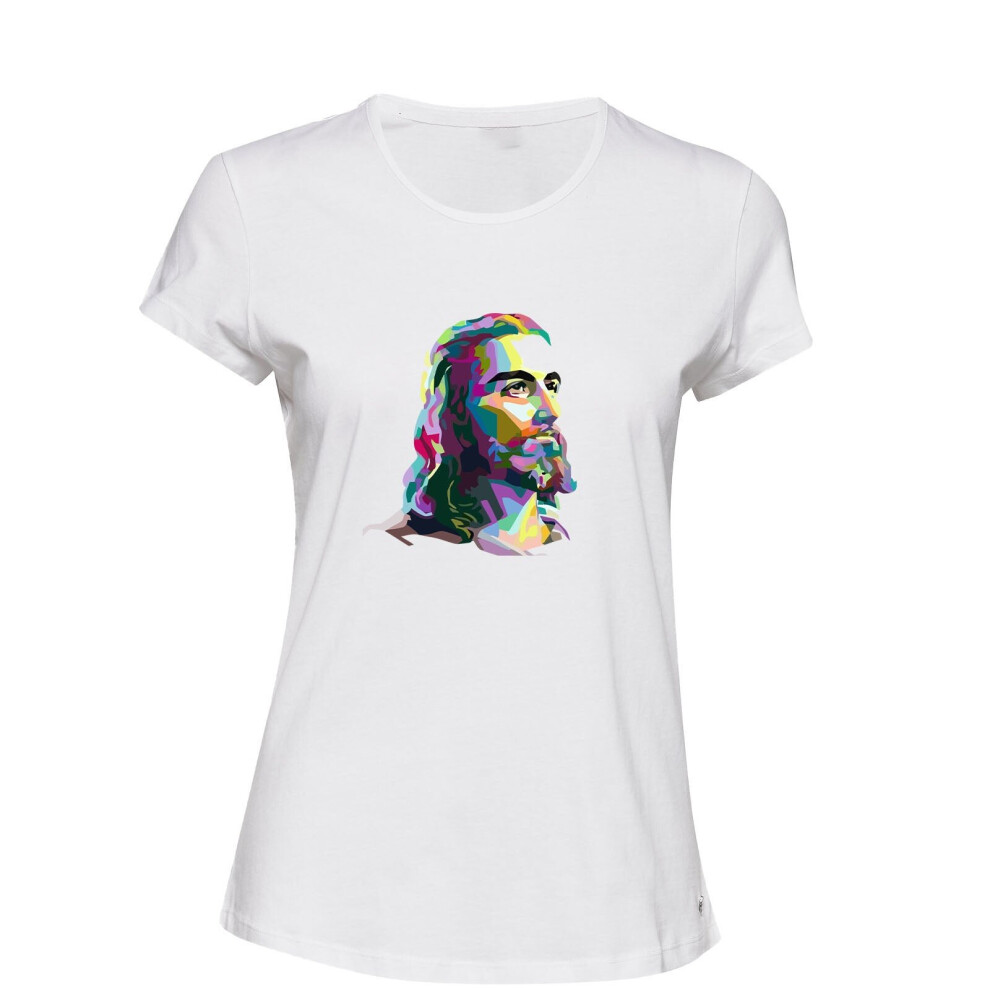 (L) Jesus Christ Face Christianity Son of God White Ladies Women T Shirt Tee Top