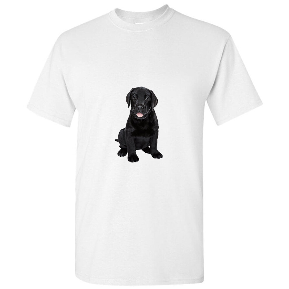 (M) Little Cute Tiny Labrador Baby Black Puppy Dog Men White T Shirt Tee Top