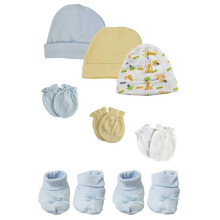 Bambini NC-0214 Baby Boy Caps with Infant Mittens & Booties, White & Blue - Preemie - Pack of 8