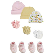 Bambini NC-0216 Baby Girl Caps with Infant Mittens & Booties, White & Pink - Preemie - Pack of 8