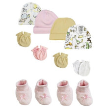 Bambini NC-0212 Baby Girl Caps with Infant Mittens & Booties, White & Pink - Preemie - Pack of 10