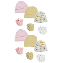 Bambini NC-0326 Baby Girl Infant Caps & Mittens, White & Pink - Newborn - Pack of 12