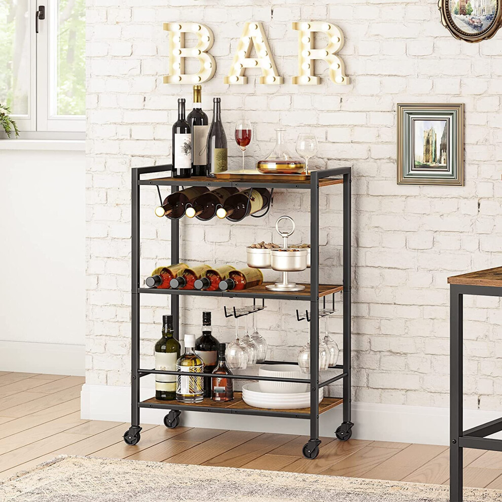 3 Tier Rolling Industrial Design Rustic Wooden Bar Kitchen Cart Serving Food Trolley Wheels