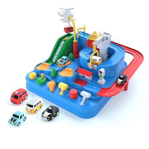 (Blue With 4 Cars) Racing Rail Race Car Adventure Train Track Toys Montessori For Boys Girls Gifts