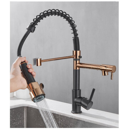 (Rose Gold Black) Contemporary Pull Out Mixer Taps for Kitchen Sink, Single Handle Comercial Spring Neck Tap with Single Handle Temperature Control