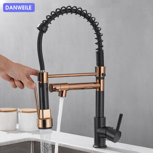 (Rose Gold Black) Contemporary Pull Out Mixer Taps for Kitchen Sink, Single Handle Comercial Spring Neck Tap with Single Handle Temperature Control 2