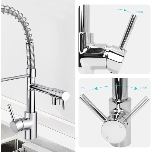 (Gold) Contemporary Pull Out Mixer Taps for Kitchen Sink, Single Handle Comercial Spring Neck Tap with Single Handle Temperature Control 2