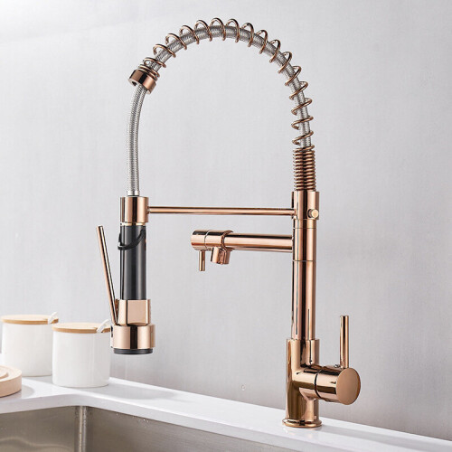 (Rose Gold) Contemporary Pull Out Mixer Taps for Kitchen Sink, Single Handle Comercial Spring Neck Tap with Single Handle Temperature Control