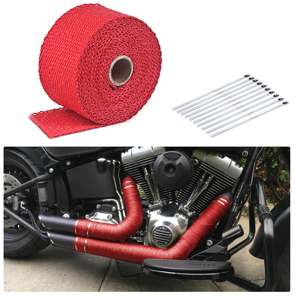 (5m, Red) 5m / 10m / 15m Exhaust Wrap Roll Titanium for Motorcycle Heat Shield Tape + 10Pcs Stainless Ties