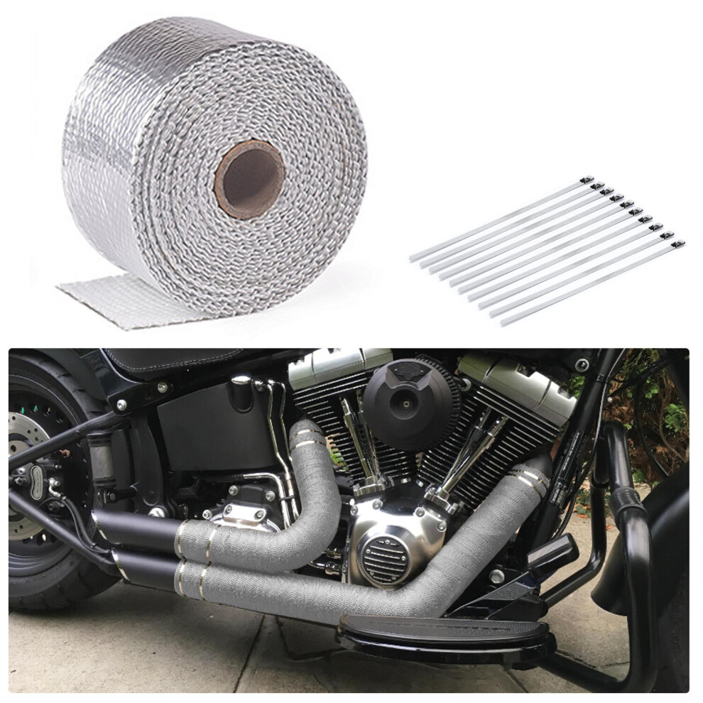 (15m, Silver) 5m / 10m / 15m Exhaust Wrap Roll Titanium for Motorcycle Heat Shield Tape + 10Pcs Stainless Ties